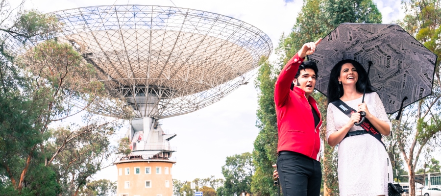 Image of Elvis Lookalike performer and Miss Priscilla competition entrant at the Parkes Radio Telescope