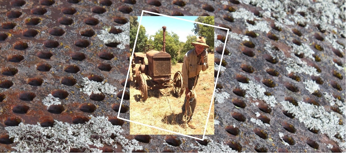 Collage of images showing an old farmer pulling a tractor, set against a background of rusting machinery